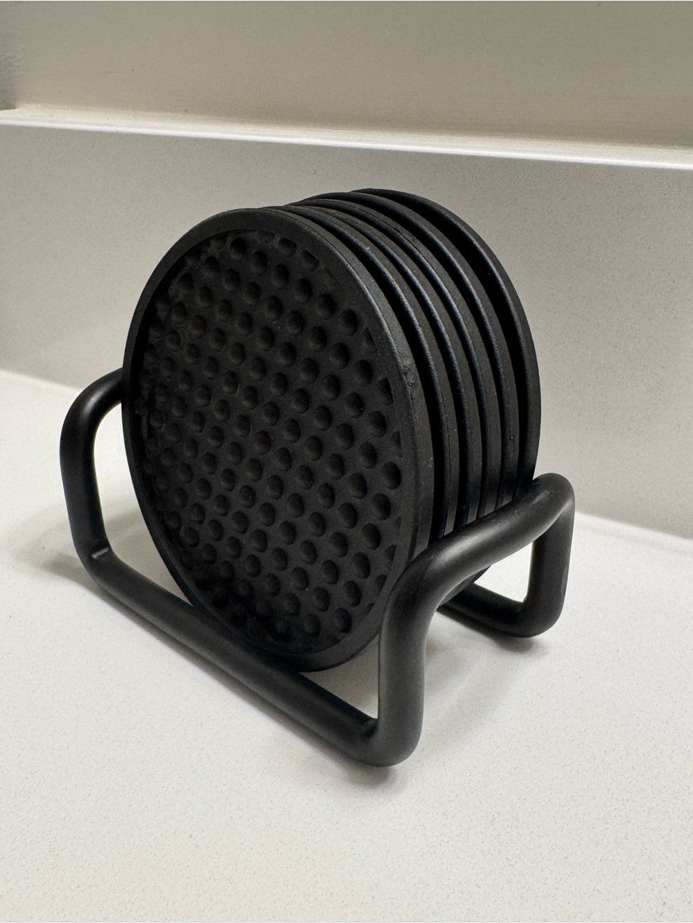 Set of 6 Black Round Coasters with Metal Holder Textured Non-Slip